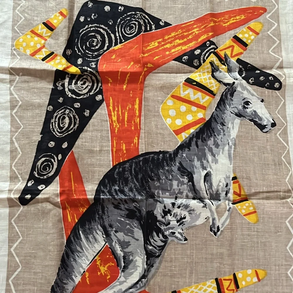 Vintage Linen Large Tea Towel Australian Kangaroo and Boomerang